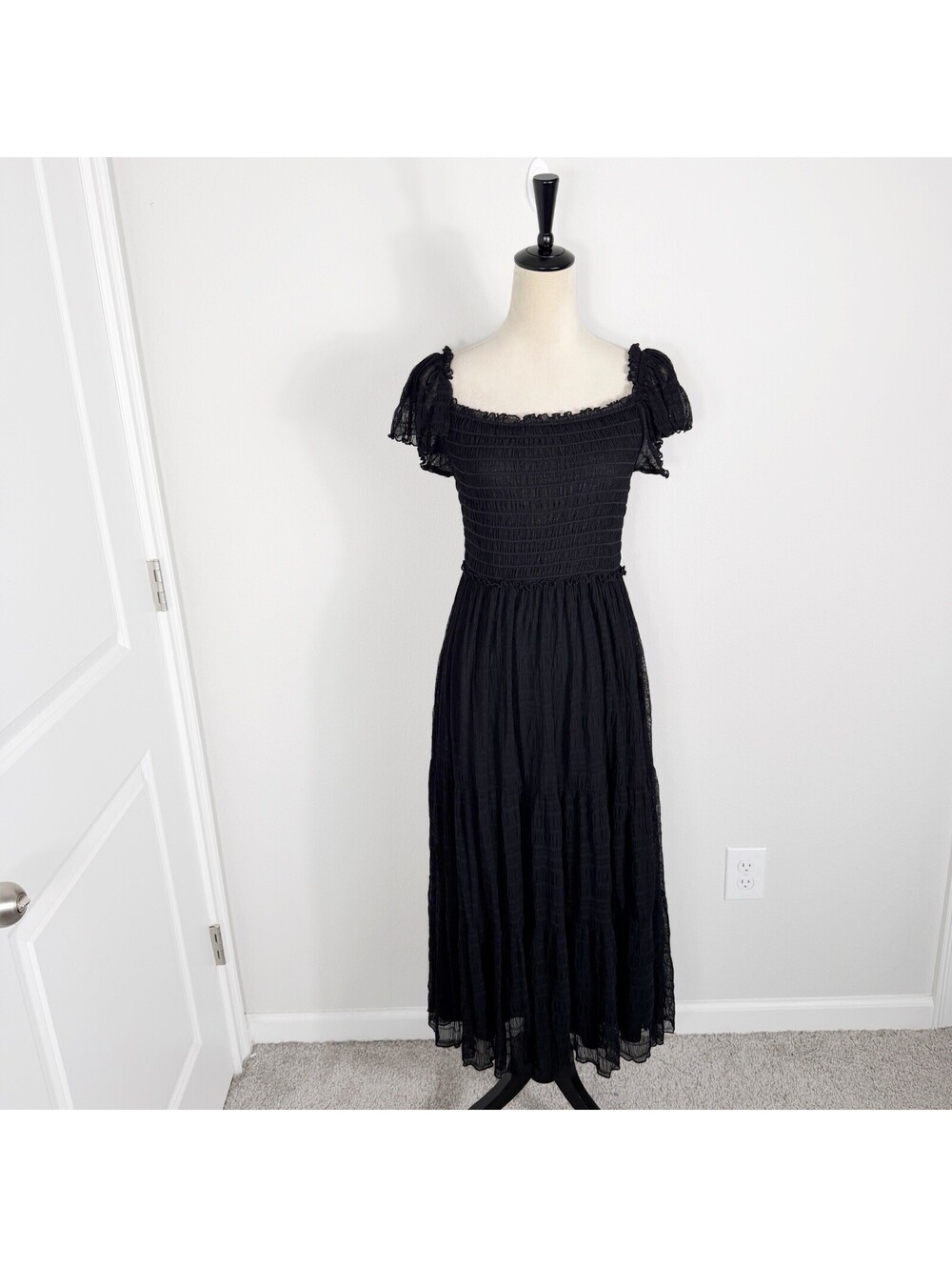 Max Studio Bubble Sleeve Tiered Maxi Dress Black Mesh Goth Modest Prairie Small